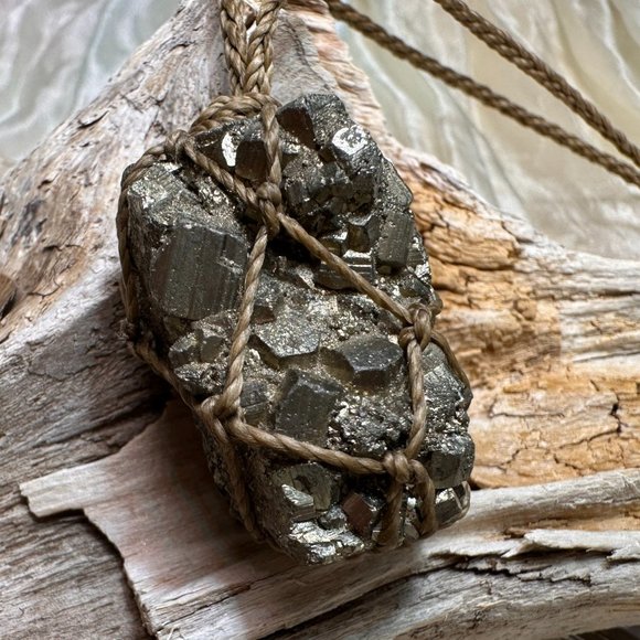 Raw Pyrite Nugget Macrame Necklace - Picture 2 of 5